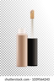 Vector mock up of realistic concealer makeup open bottle with tassel. Package of face skin corrective cosmetic product. Template of container isolated on transparent background.
