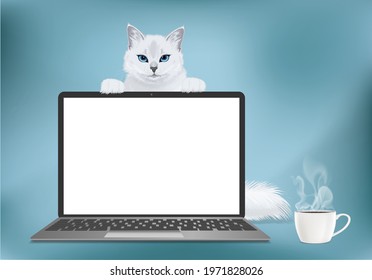  Vector mock up realistic laptop with blank screen display and white cat and coffee cup near a computer. Template for your design with modern mobile laptop and blank copy space isolated on light backg