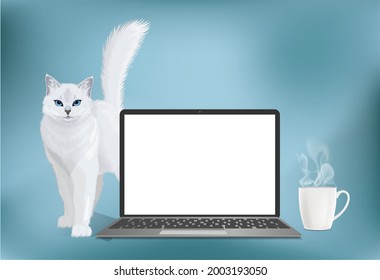Vector se burla de un portátil realista con pantalla en blanco y una taza de café y gato blanco cerca de un ordenador. Plantilla para su diseño con portátil móvil moderno y espacio de copia en blanco