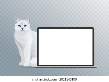 Vector mock up realistic laptop with blank screen display and white cat near a computer. Template for your design with modern mobile laptop and blank copy space isolated on light background.
