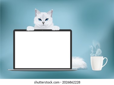 Vector mock up realistic laptop with blank screen display and white cat and coffee cup near a computer. Template with modern mobile laptop and blank copy space isolated on light background