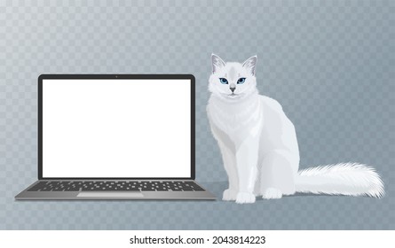 Vector mock up realistic laptop with blank screen display and white cat and coffee cup near a computer. Template with modern mobile laptop and blank copy space isolated on light background
