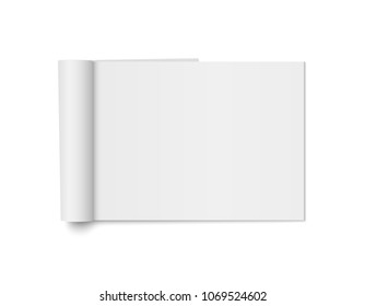 Vector Mock Up Of Realistic Magazine With Curled Paperback Isolated. Opened Horizontal Booklet, Brochure, Menu Or Notebook Template On White Background. 3d Illustration For Your Design