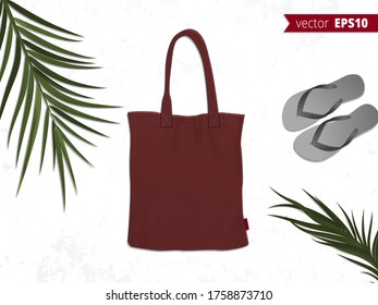 Vector mock up of red eco bag with palm leaves on white grunge background with flip flops. Stylish presentation of design in summer mood.