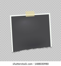 Vector mock up of  square empty torn photo frame on transparent background with adhesive tape.
