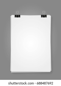 Vector mock up of stack of white paper sheets with binder clips.