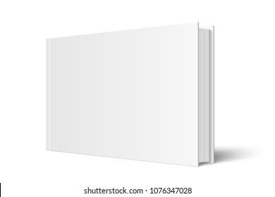 Vector mock up of standing book with white blank cover isolated. Closed horizontal hardcover book, catalog or magazine mockup on white background. 3d illustration. Diminishing perspective. - Shutterstock ID 1076347028