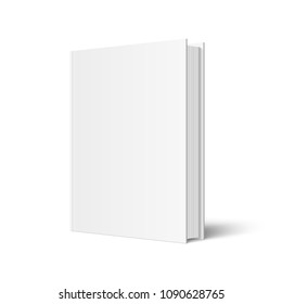 Vector mock up of standing book with white blank cover isolated. Closed vertical hardcover book, catalog or magazine mockup on white background. 3d illustration. Diminishing perspective.