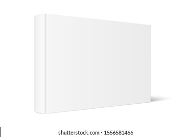 Vector mock up of standing book with white blank cover isolated. Closed horizontal hardcover book, catalog or magazine mockup on white background. 3d illustration. Diminishing perspective.