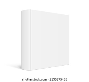 Vector mock up of standing book with white blank cover isolated. Closed square hardcover book, catalog or magazine mockup on white background. 3d illustration. Diminishing perspective view.