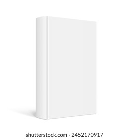 Vector mock up of standing book with white blank cover isolated. Closed vertical hardcover book, catalog or magazine mockup on white background. 3d illustration. Diminishing perspective.