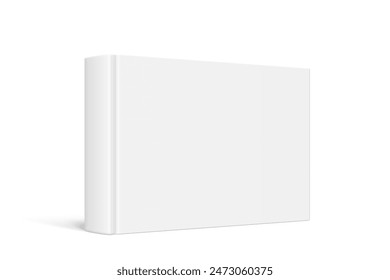 Vector mock up of standing book with white blank cover isolated. Closed horizontal hardcover book, catalog or magazine mockup on white background. 3d illustration. Diminishing perspective.