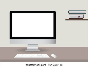 Vector Mock up : Stylish or designer workspace with desktop computer, creative supplies, houseplant and vintage books on white work table at home or studio. Blank screen for graphics display montage.