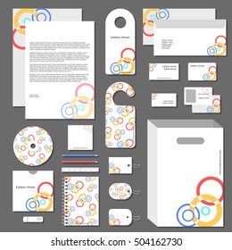 Vector mock up template. Corporate identity design with colorful circles. Business stationery. Templates for business design. Vector corporate identity templates with shadows on gray background.