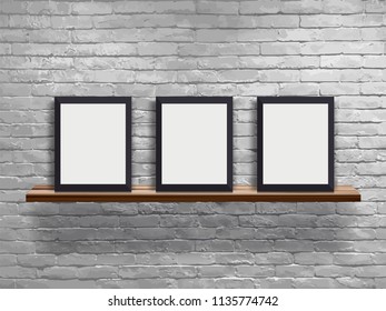 Vector mock up three blank frame on wood shelf with white brick wall, Loft workspace concept