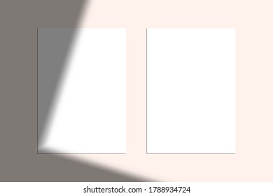 Vector mock up of two white blank vertical papers. Shadow overlay effect. Transparent soft light and corner shadows. Mockup of transparent window shadow and natural lightning. 10 eps mesh.