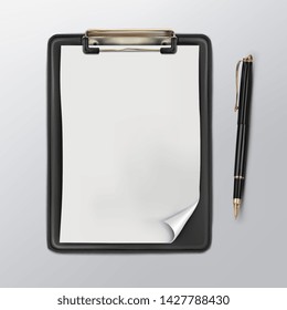 Vector. Mock Up. Black clipboard with a white blank sheet of paper and ballpoint pen. Top view.