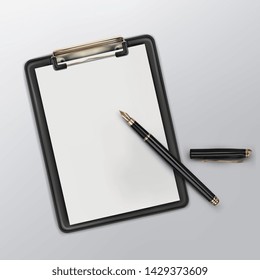 Vector. Mock Up. Black clipboard with a white blank sheet of paper and ink pen. Top view.