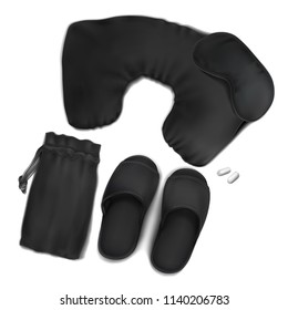 Vector. Mock Up. Black Set for sleep. Air pillow, Pouch, Blindfold, Slippers,  Earplugs.