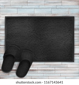 Vector. Mock Up. Black Set Spa unfolded Towel vs Slippers on Wood Background. Welcome mat outside the front door.