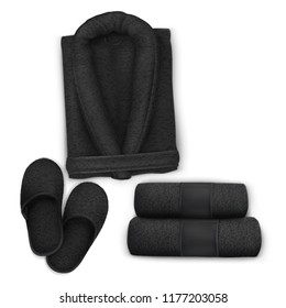 Vector. Mock Up. Black Set Spa Towel, Slippers, Bathrobe