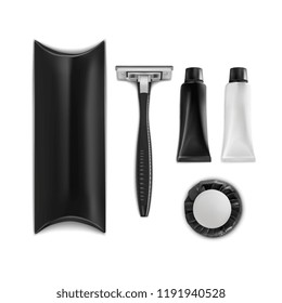 Vector. Mock Up. Black Set for shaving. Pillow box, shaving machine, black and white tube vs cream, soap