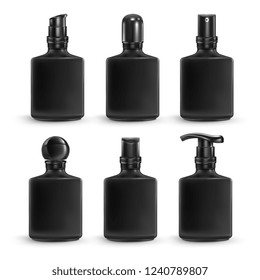 Vector. Mock Up. Black Set Rectangular mini vial with black different caps