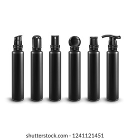 Vector. Mock Up. Black Set Plastic long mini vials with black different caps.
