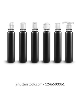 Vector. Mock Up. Black Set Plastic long mini vials with white different caps.