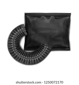 Vector. Mock Up. Black Waterproof folded Shower cap with small package.