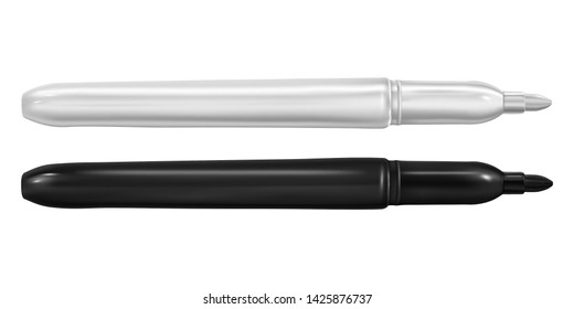 Vector. Mock Up. Black and white thin marker without cap. Vector illustration isolated on white background.