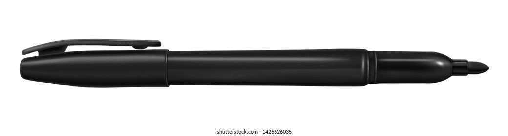 Vector. Mock Up. Open thin marker of black color with a cap. Vector illustration isolated on white background.