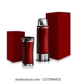 Vector. Mock Up. Red Set Thermos and Thermomug