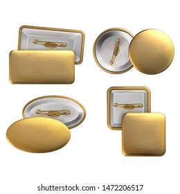 Vector. Mock Up. Set badge pin brooch of round, rectangular, oval, square shapes in gold color. Realistic illustration isolated on white background.