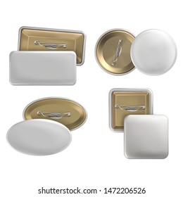 Vector. Mock Up. Set badge pin brooch of round, rectangular, oval, square shapes in white color. Realistic illustration isolated on white background.