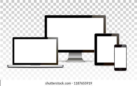 Vector mock up. Set of blank screens. Computer, tablet, phone on transparent background. Isolated. Realistic illustration