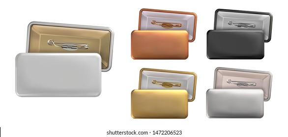 Vector. Mock Up. Set rectangular badge pin brooch of white, black, gold, silver, copper colors. Realistic illustration isolated on white background.