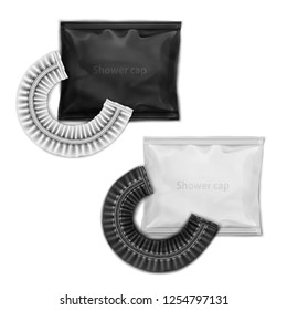 Vector. Mock Up. Set White and black folded waterproof shower cap with small package.