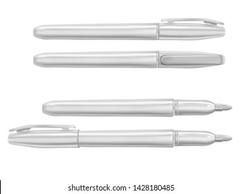 Vector. Mock Up. Set white thin permanent marker. Different type and views. Vector illustration isolated on white background.
