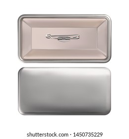 Vector. Mock Up. Silver rectangular badge pin brooch. Realistic illustration isolated on white background.