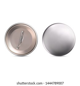 Vector. Mock Up. Silver round badge pin brooch. Realistic illustration isolated on white background.