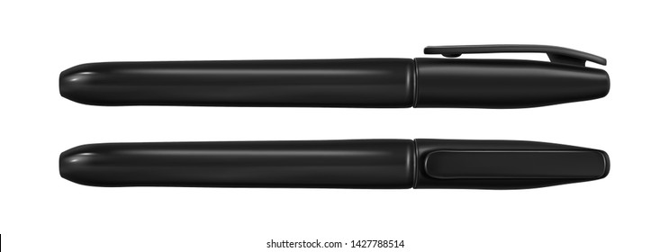 Vector. Mock Up. Сlosed thin permanent marker of black color. Front and side view. Vector illustration isolated on white background.