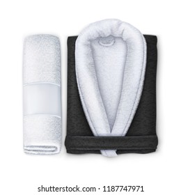 Vector. Mock Up. White and Black Set Spa Towel, Bathrobe