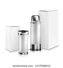 Vector. Mock Up. White Set Thermos and Thermomug vs Box