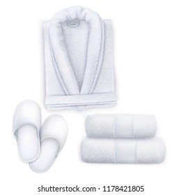 Vector. Mock Up. White Set Spa Towel, Slippers, Bathrobe