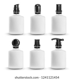 Vector. Mock Up. White Set Rectangular mini vial with black different caps