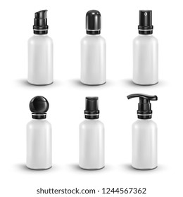 Vector. Mock Up. White Set Сylinder mini vial with black different caps