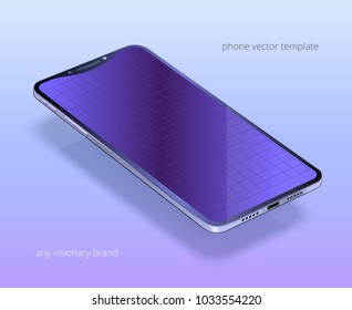 Vector zomba de um smartphone visionário. Dispositivo preto com uma borda prateada, display azul roxo em branco. Tela vazia com grade de perspectiva para interfaces. Telefone 3D realista flutua sobre pano de fundo vívido.