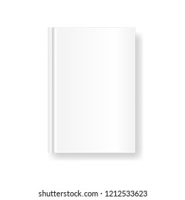 Vector mock up of white blank book cover isolated on white background. Realistic closed vertical book, magazine or notebook template for your design. In front side of book.