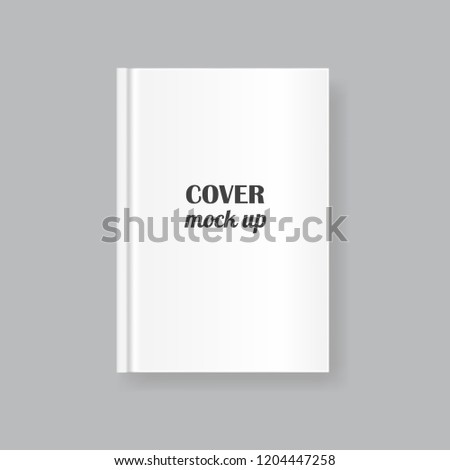 Vector mock up of white blank book cover isolated on grey background. Realistic closed vertical book, magazine or notebook template for your design. In front side of book.
